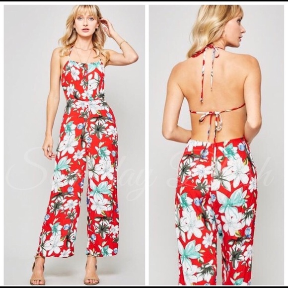 Pants - New! Red Floral halter backless jumpsuit